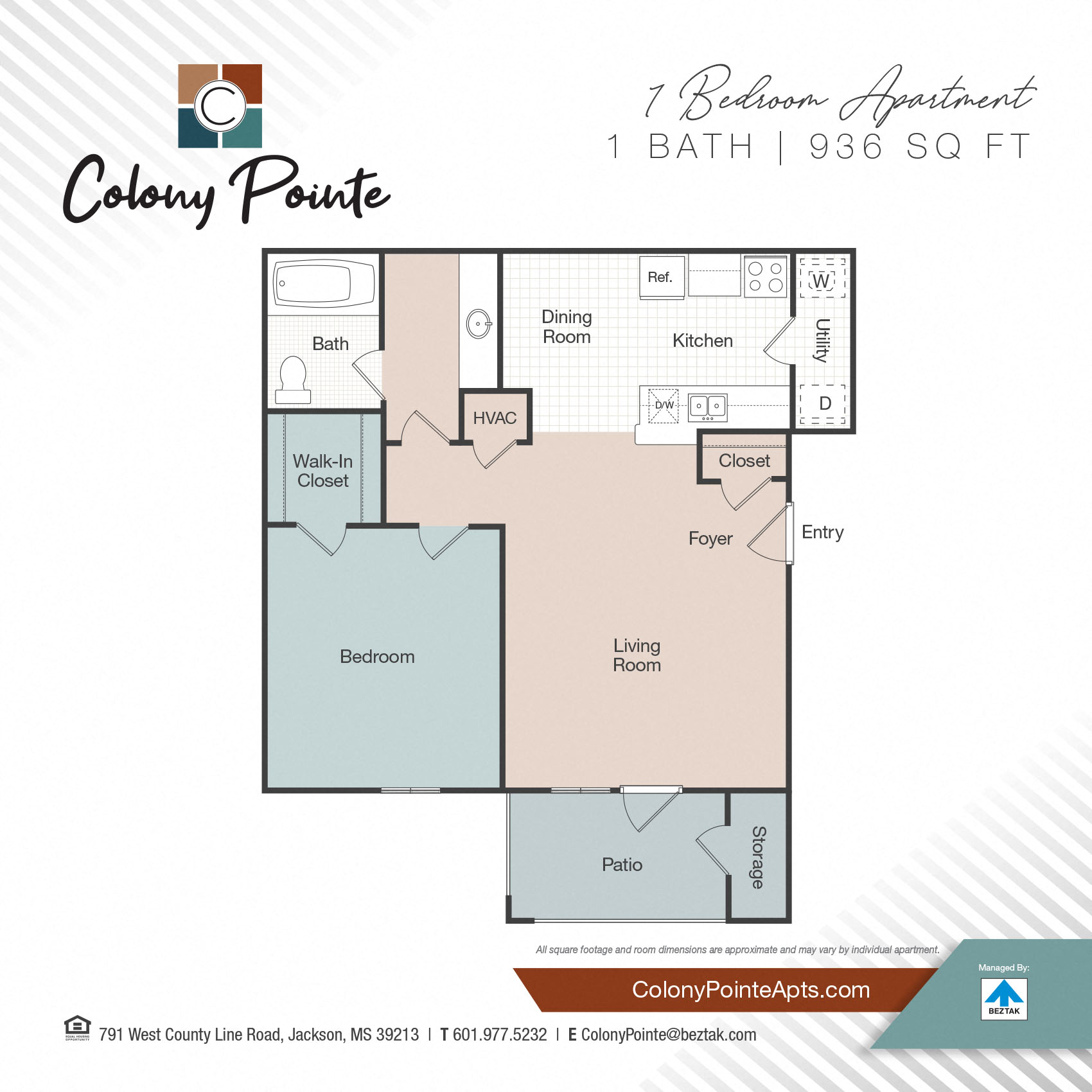 Floor plan for 1 bed, 1 bath, 936 sqft